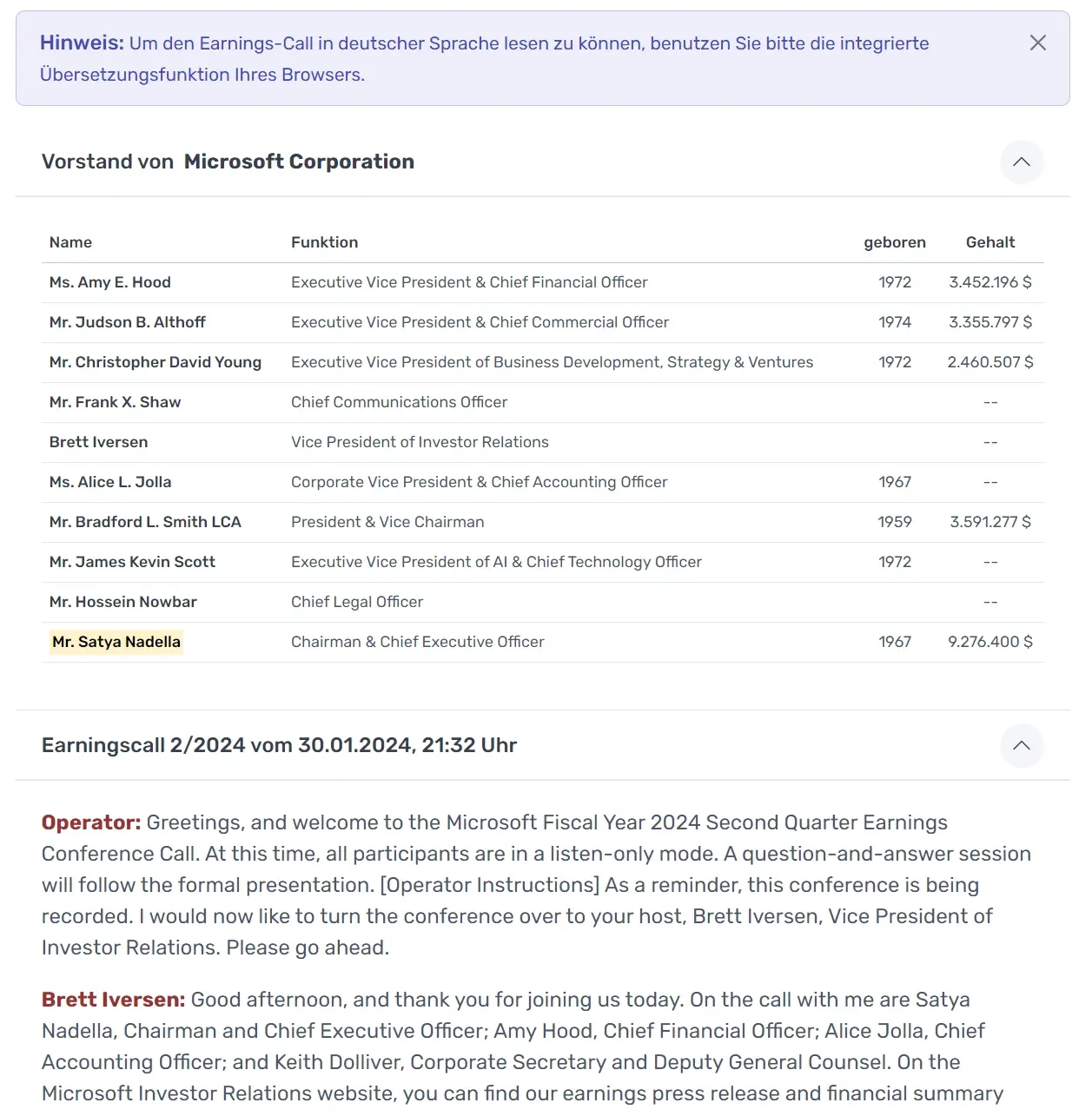 Tabelle mit den Vorstandsmitgliedern sowie die Darstellung des letzten Earnings Calls mit den Analysten