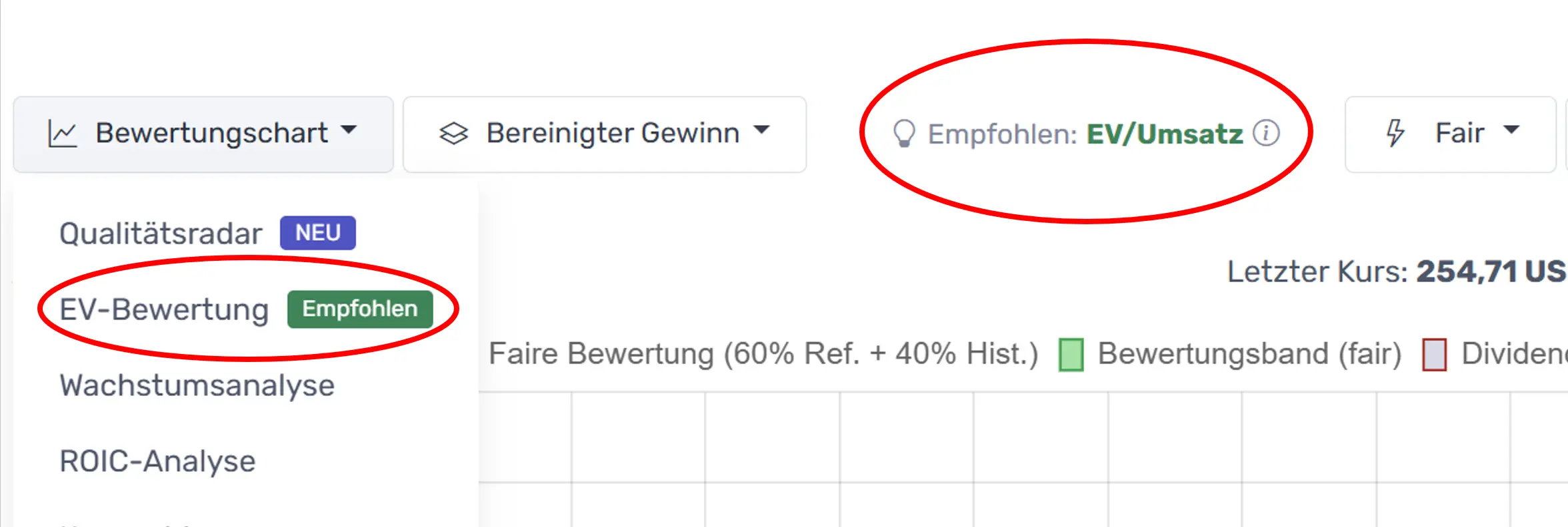 Empfohlene Metrik mit grünem Badge im Dropdown und Hinweiszeile neben den Auswahl-Buttons